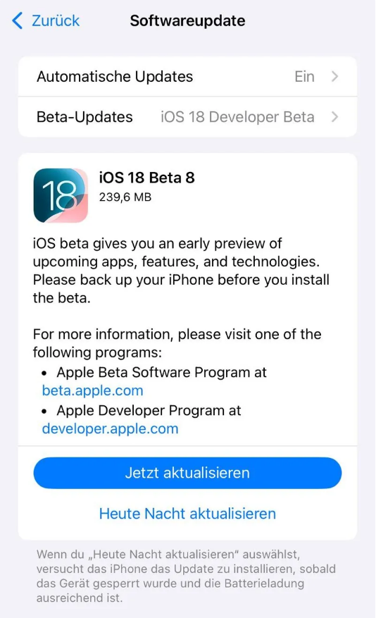 宿松苹果手机维修分享苹果 iOS / iPadOS 18 开发者预览版 Beta 8 发布 